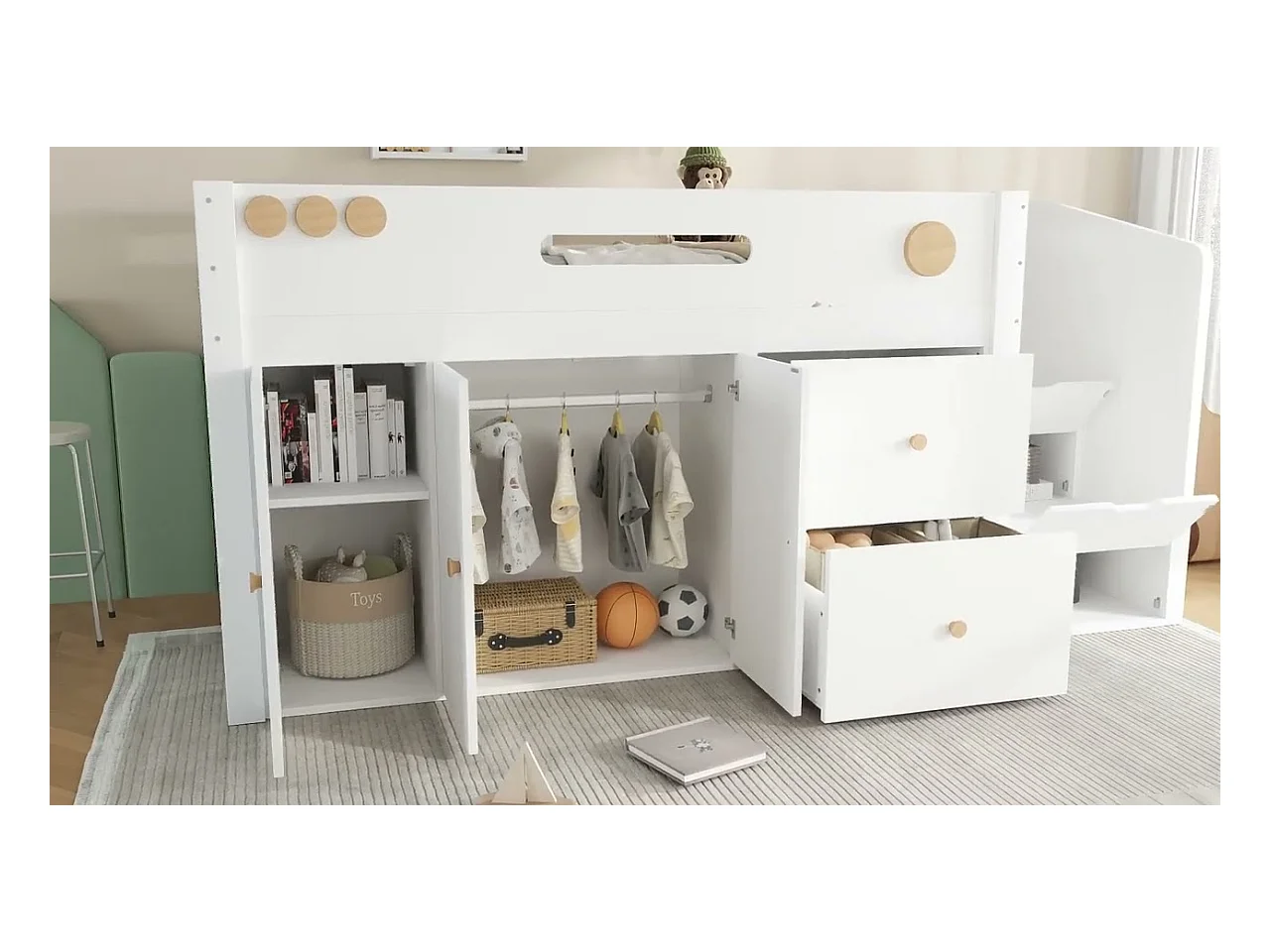 Lit mezzanine enfant 90x200cm - avec 2 tiroirs et grande armoire - escalier avec rangement - bois massif + MDF - Blanc (sans matelas)