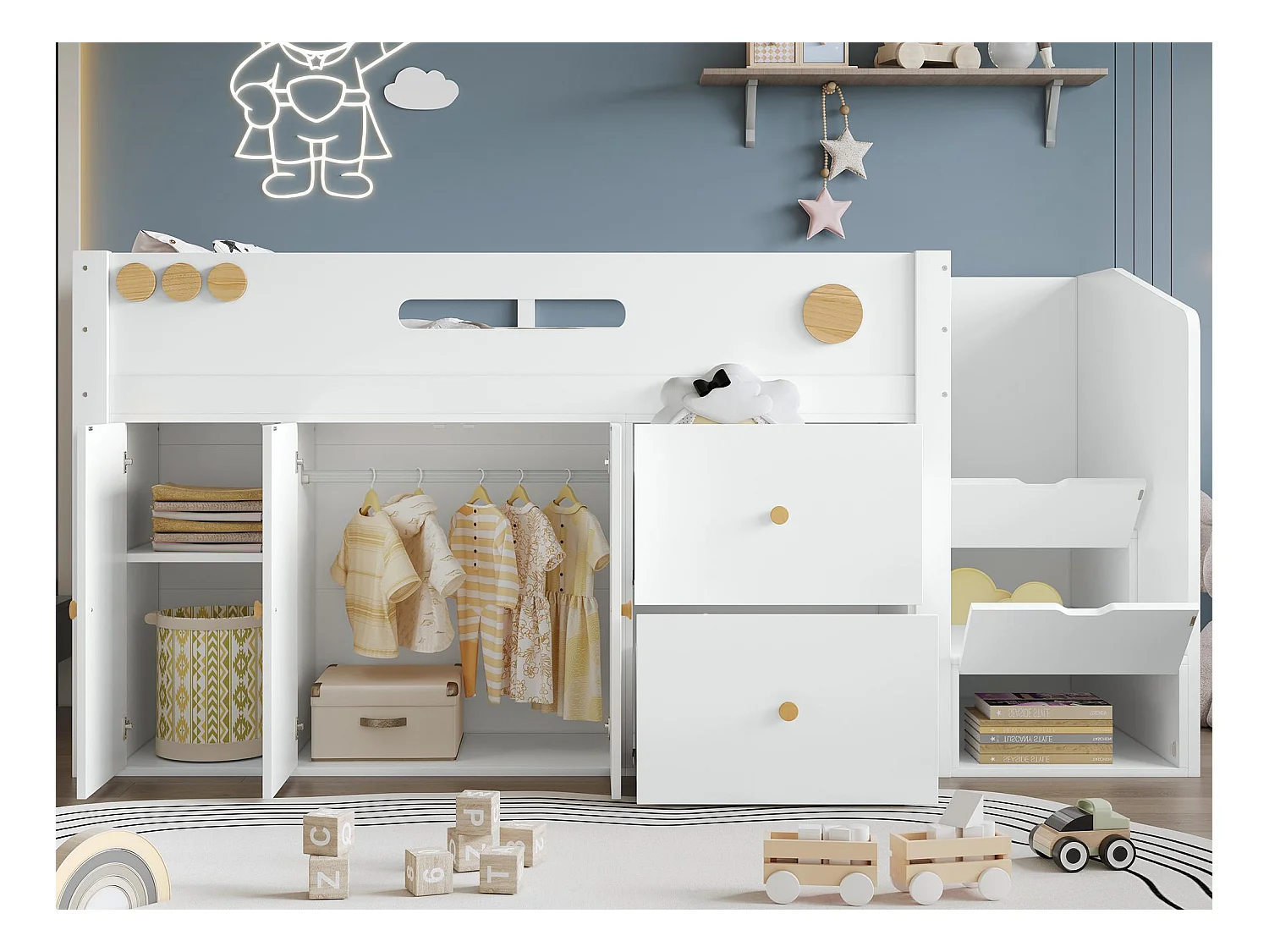 Lit mezzanine enfant 90x200cm - avec 2 tiroirs et grande armoire - escalier avec rangement - bois massif + MDF - Blanc (sans matelas)