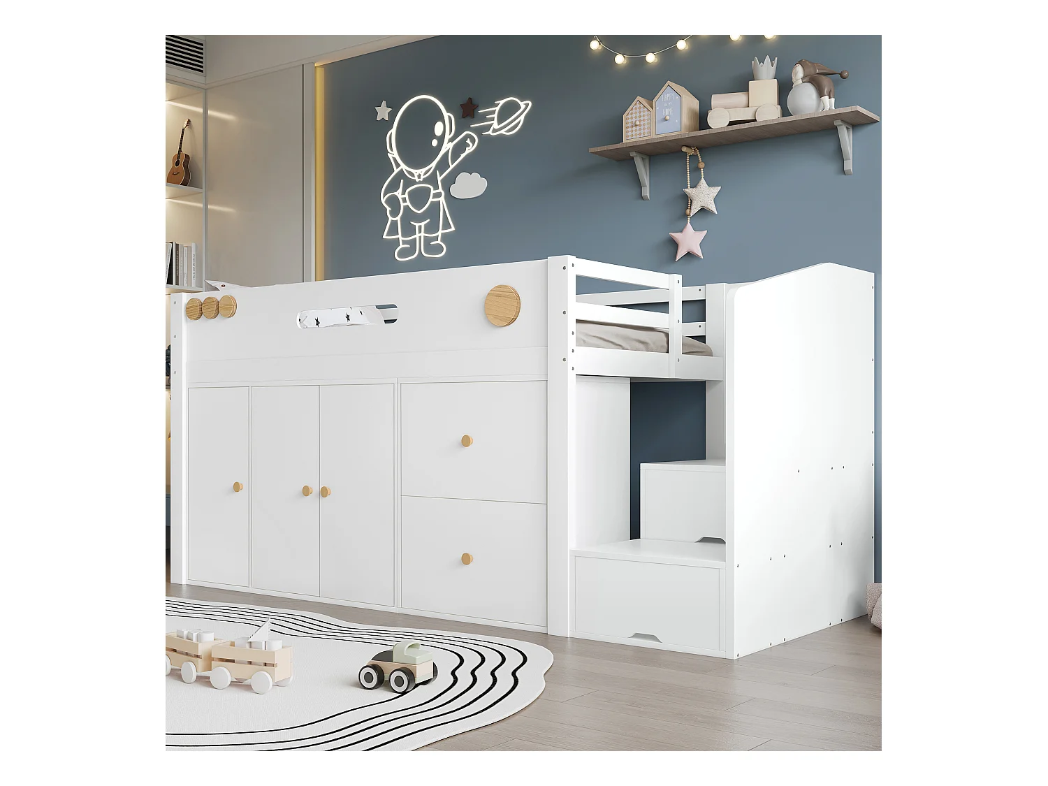 Lit mezzanine enfant 90x200cm - avec 2 tiroirs et grande armoire - escalier avec rangement - bois massif + MDF - Blanc (sans matelas)