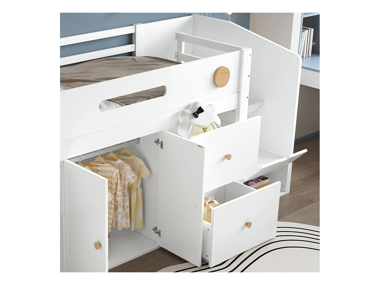 Lit mezzanine enfant 90x200cm - avec 2 tiroirs et grande armoire - escalier avec rangement - bois massif + MDF - Blanc (sans matelas)