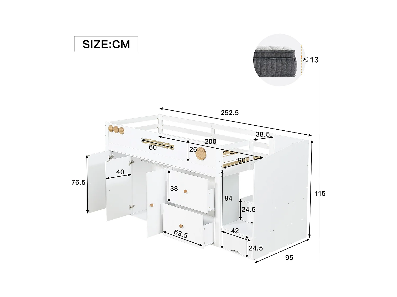 Lit mezzanine enfant 90x200cm - avec 2 tiroirs et grande armoire - escalier avec rangement - bois massif + MDF - Blanc (sans matelas)