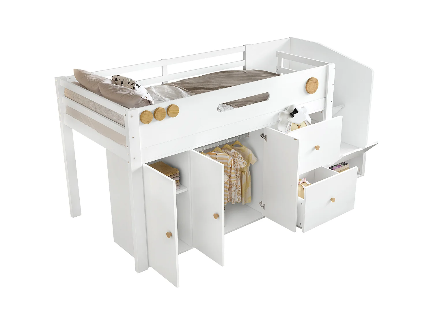 Lit mezzanine enfant 90x200cm - avec 2 tiroirs et grande armoire - escalier avec rangement - bois massif + MDF - Blanc (sans matelas)