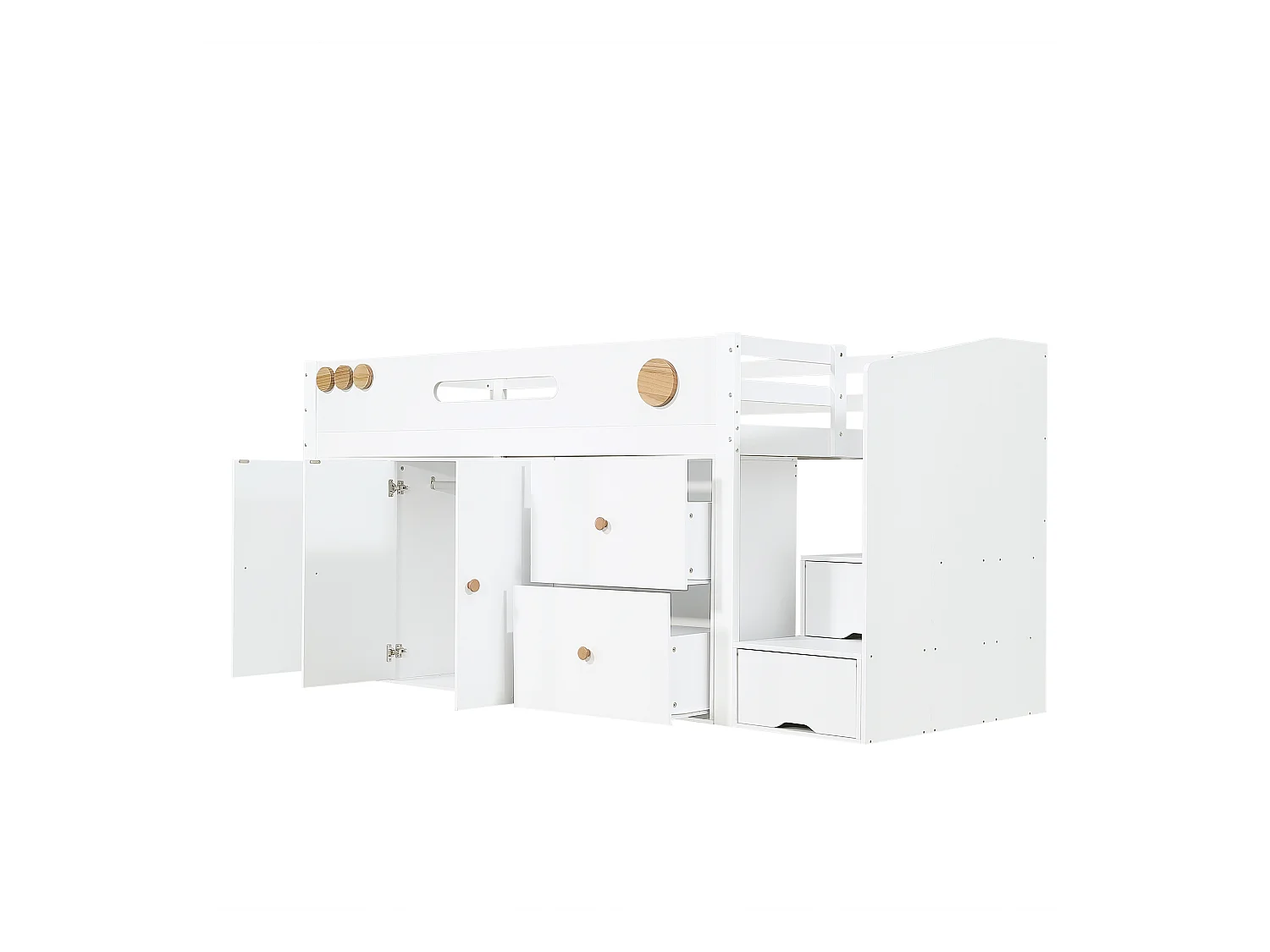 Lit mezzanine enfant 90x200cm - avec 2 tiroirs et grande armoire - escalier avec rangement - bois massif + MDF - Blanc (sans matelas)