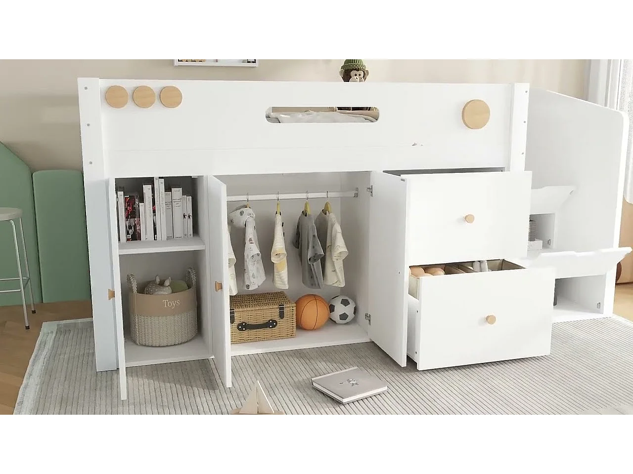 Letto soppalcato bambini 90×200 cm - con 2 cassetti e grande armadio - scala con ripostiglio - legno massello + MDF - bianco (senza materasso)