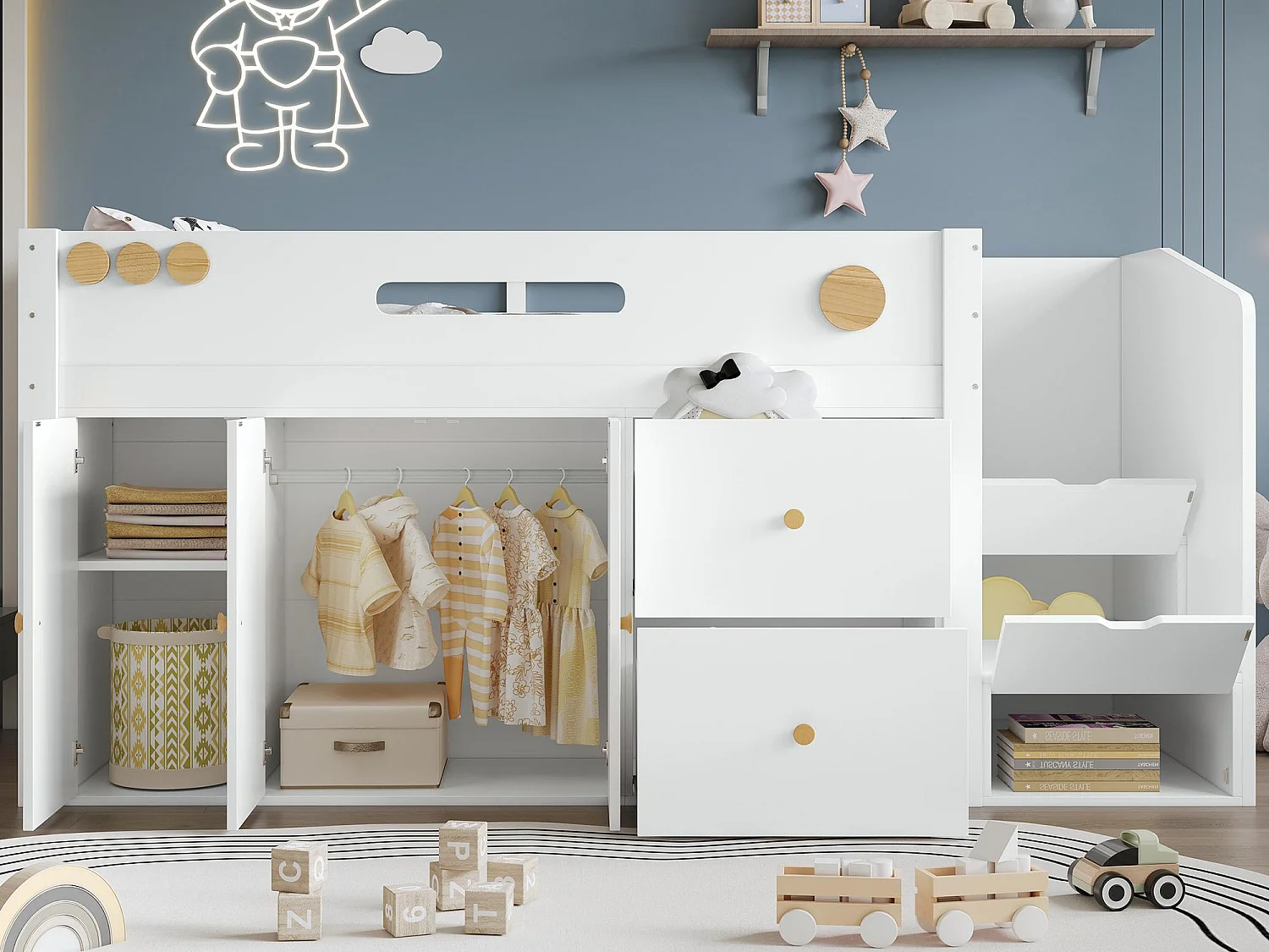 Letto soppalcato bambini 90×200 cm - con 2 cassetti e grande armadio - scala con ripostiglio - legno massello + MDF - bianco (senza materasso)