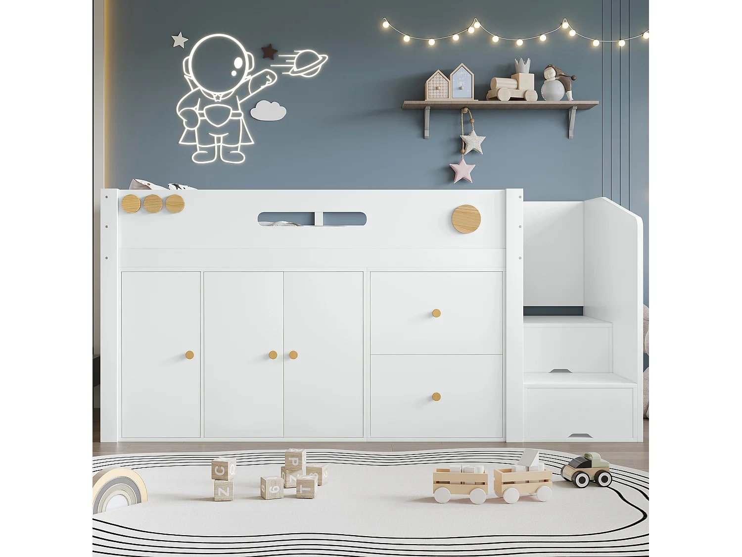 Letto soppalcato bambini 90×200 cm - con 2 cassetti e grande armadio - scala con ripostiglio - legno massello + MDF - bianco (senza materasso)