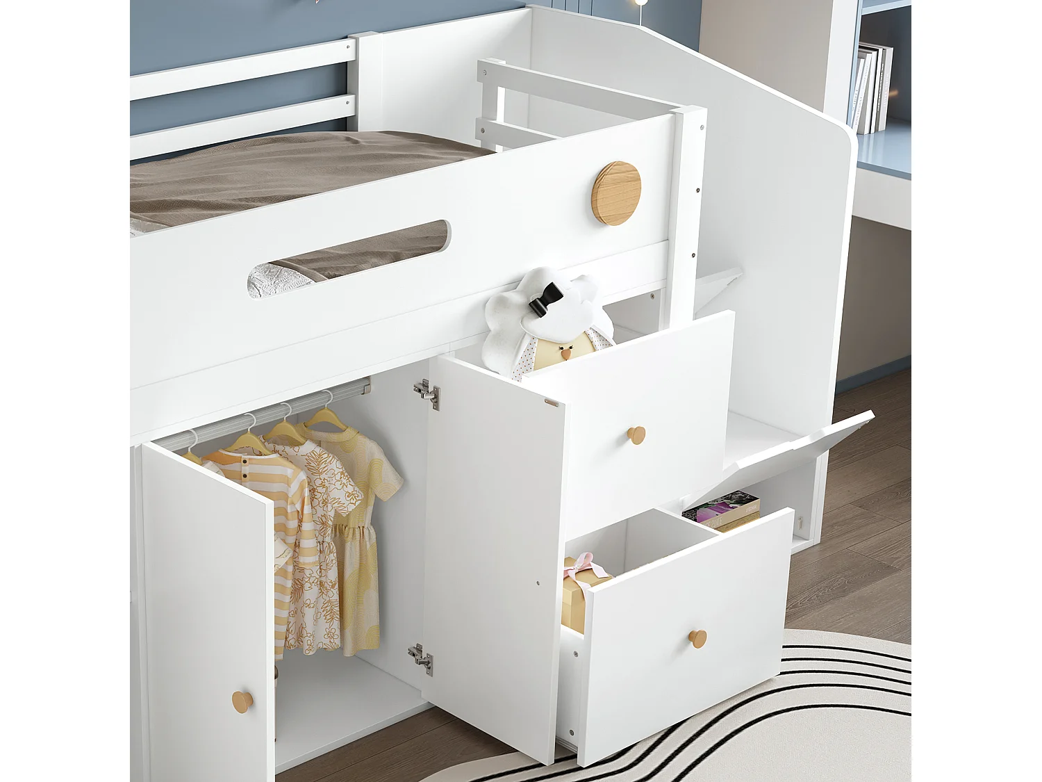 Letto soppalcato bambini 90×200 cm - con 2 cassetti e grande armadio - scala con ripostiglio - legno massello + MDF - bianco (senza materasso)