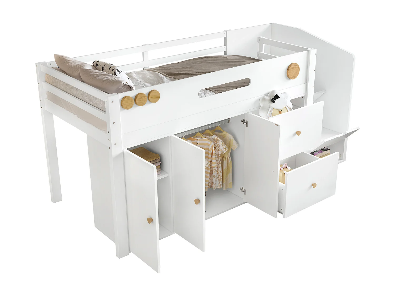 Letto soppalcato bambini 90×200 cm - con 2 cassetti e grande armadio - scala con ripostiglio - legno massello + MDF - bianco (senza materasso)