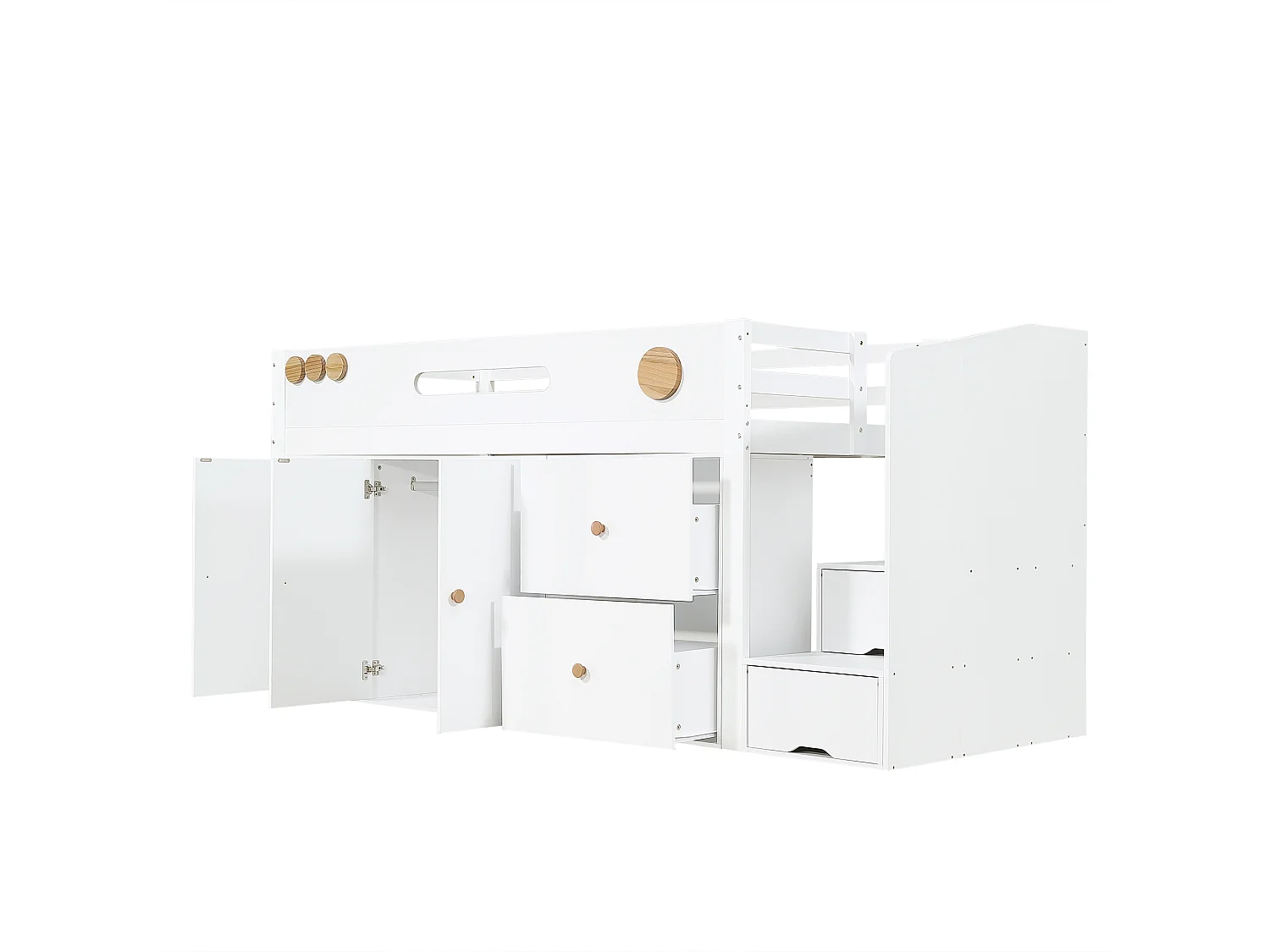 Letto soppalcato bambini 90×200 cm - con 2 cassetti e grande armadio - scala con ripostiglio - legno massello + MDF - bianco (senza materasso)