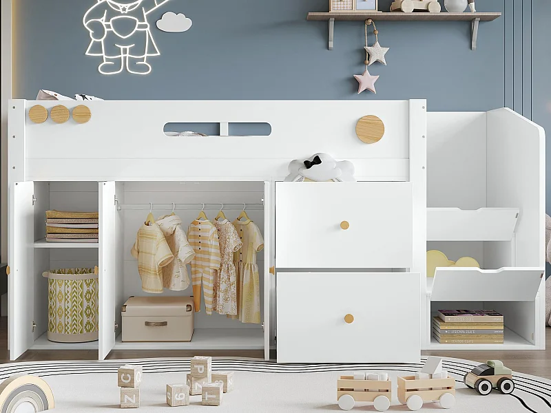 Lit mezzanine enfant 90x200cm - avec 2 tiroirs et grande armoire - escalier avec rangement - bois massif + MDF - Blanc (sans matelas)