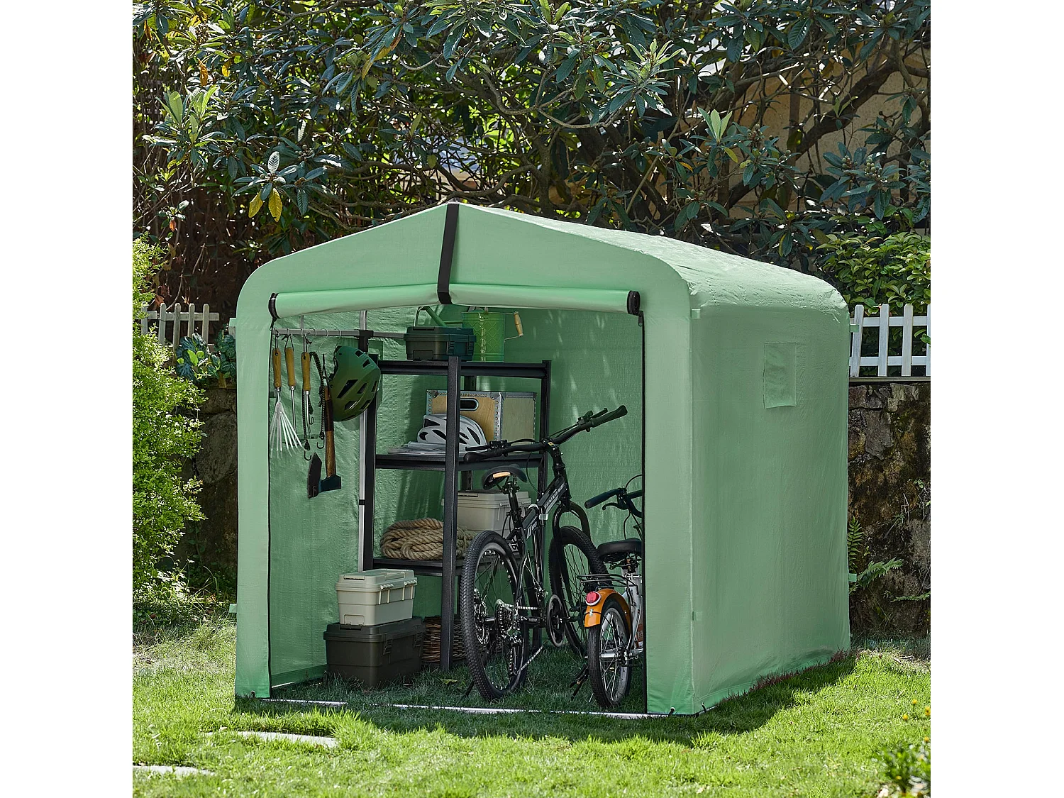 SoBuy Abri de jardin imperméable vert avec crochets pour motos vélos et outils 159x219x165 cm
