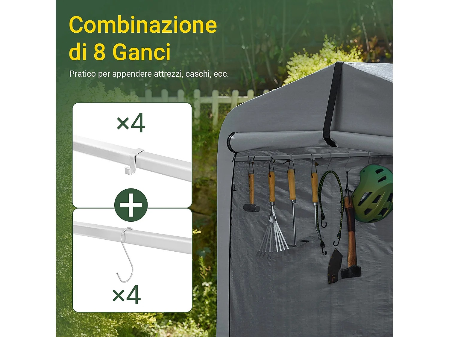 SoBuy cobertizo de jardín impermeable para motos y herramientas con ganchos gris 159x219x165 cm