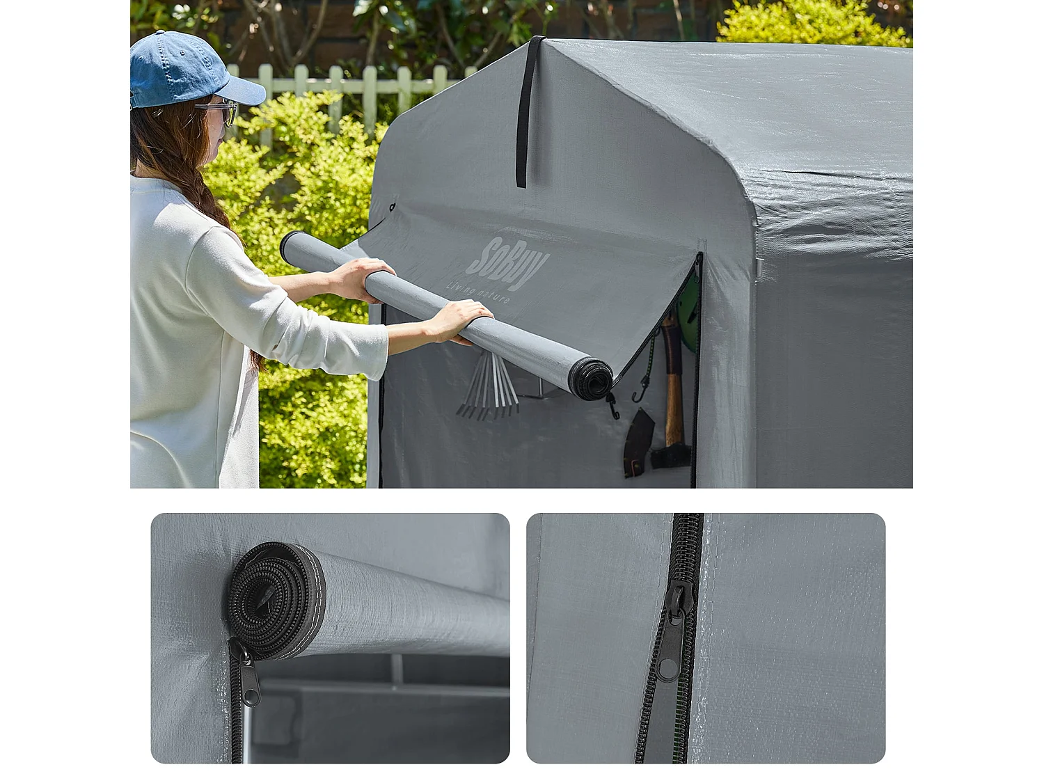 SoBuy cobertizo de jardín impermeable para motos y herramientas con ganchos gris 159x219x165 cm