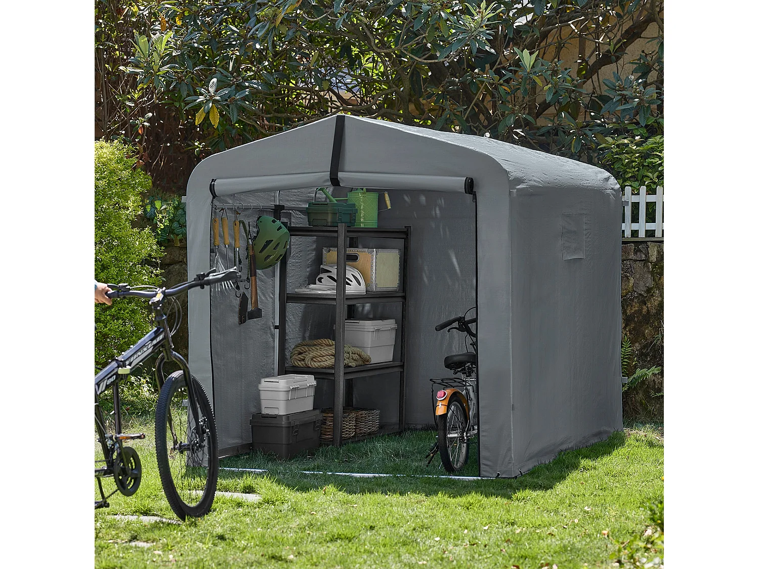 SoBuy cobertizo de jardín impermeable para motos y herramientas con ganchos gris 159x219x165 cm