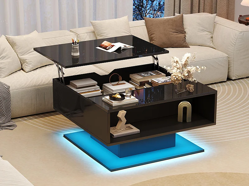 Verstelbare salontafel 80×77×40 cm - hoogglans design - met LED-verlichting - semi-open opbergruimte - zwart