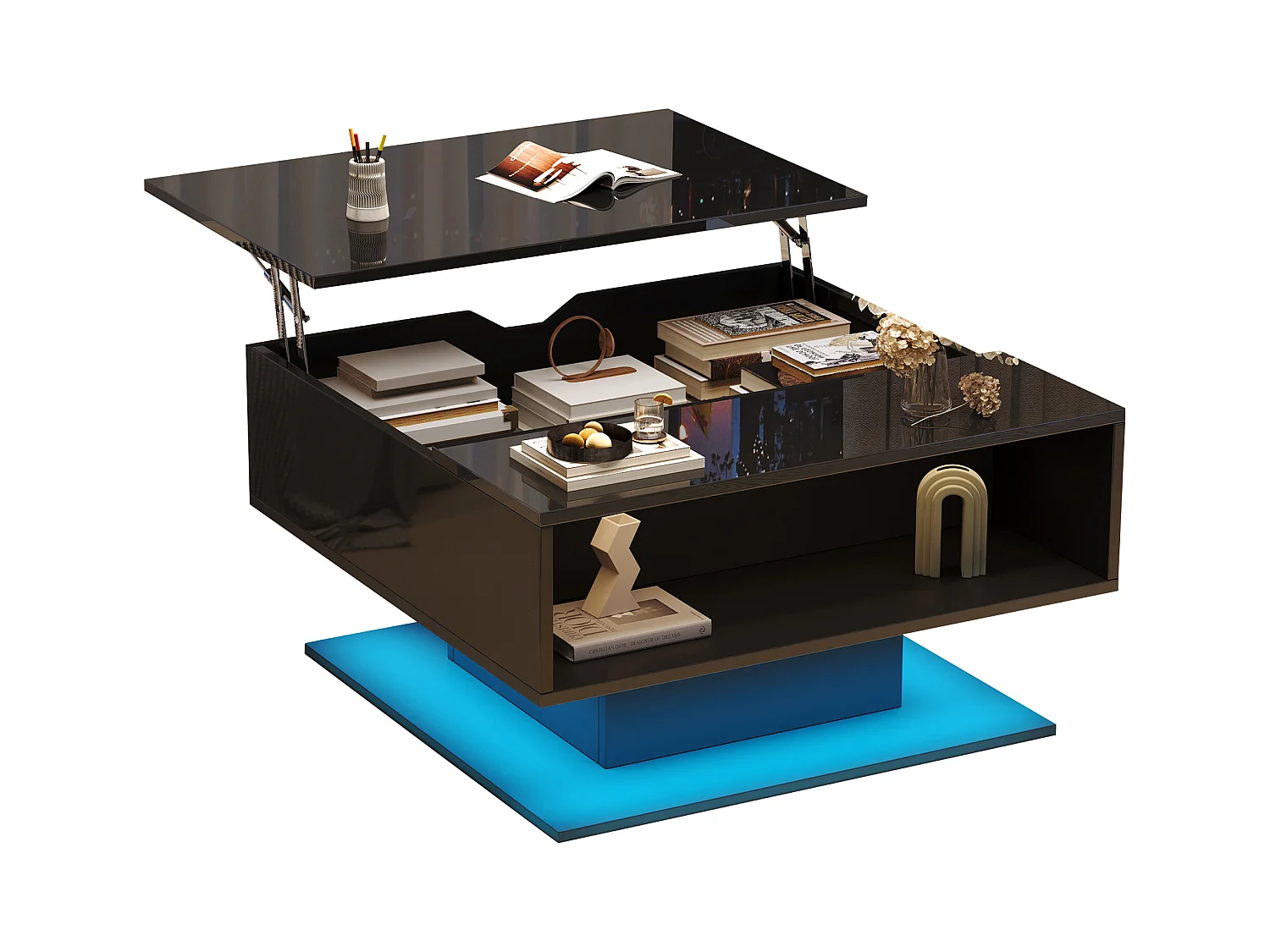 Höhenverstellbarer Couchtisch 80×77×40 cm - Hochglanz-Design - mit LED-Beleuchtung - halboffener Stauraum - schwarz