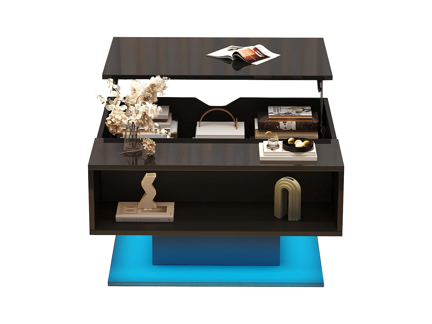 Höhenverstellbarer Couchtisch 80×77×40 cm - Hochglanz-Design - mit LED-Beleuchtung - halboffener Stauraum - schwarz