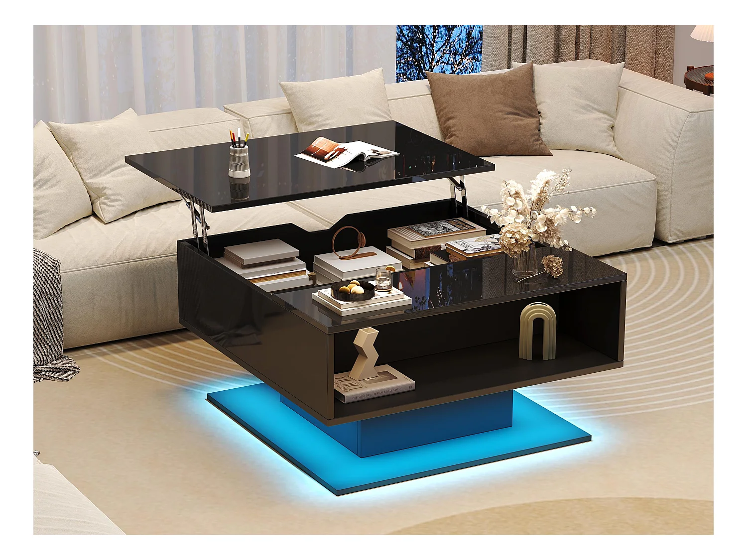 Verstelbare salontafel 80×77×40 cm - hoogglans design - met LED-verlichting - semi-open opbergruimte - zwart
