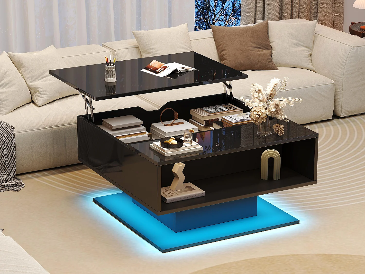 Table basse relevable 80x77x40 cm - Design haute brillance - Avec éclairage LED - Rangement semi-ouvert - Noir