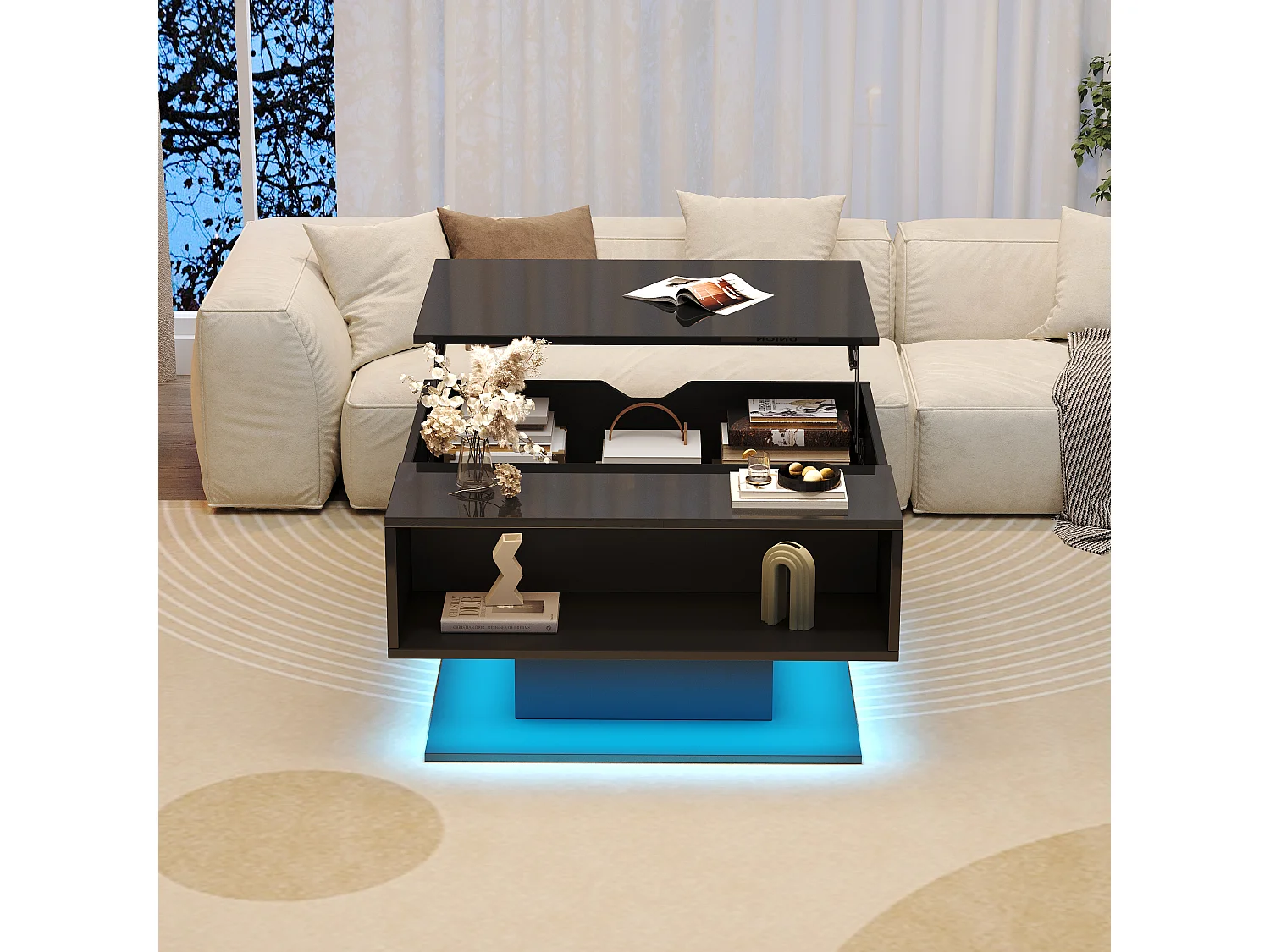 Table basse relevable 80x77x40 cm - Design haute brillance - Avec éclairage LED - Rangement semi-ouvert - Noir