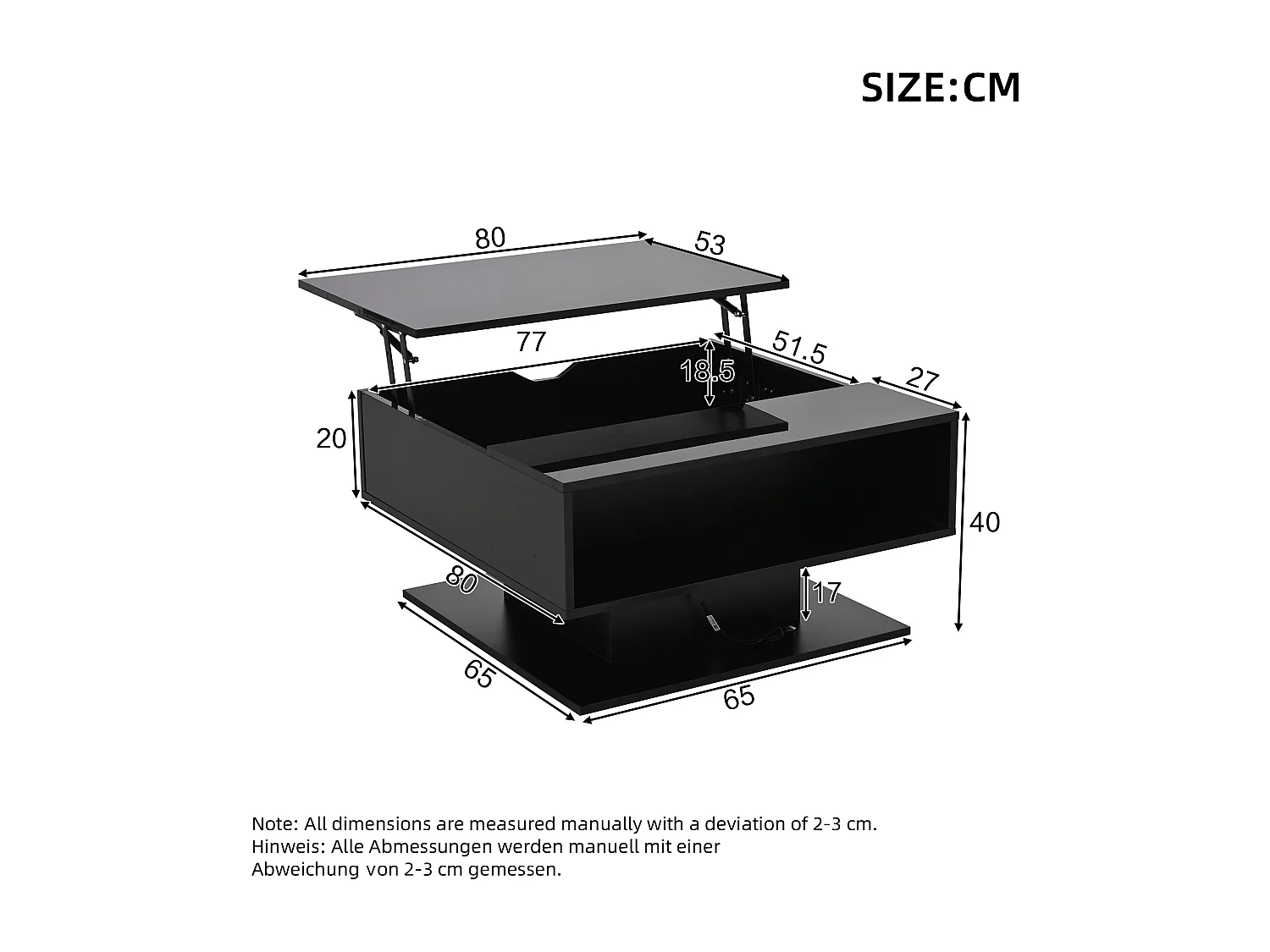 Table basse relevable 80x77x40 cm - Design haute brillance - Avec éclairage LED - Rangement semi-ouvert - Noir