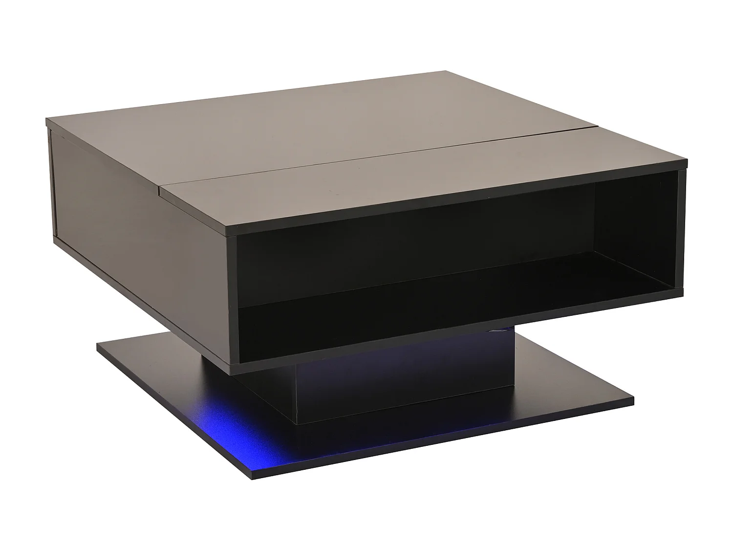 Table basse relevable 80x77x40 cm - Design haute brillance - Avec éclairage LED - Rangement semi-ouvert - Noir