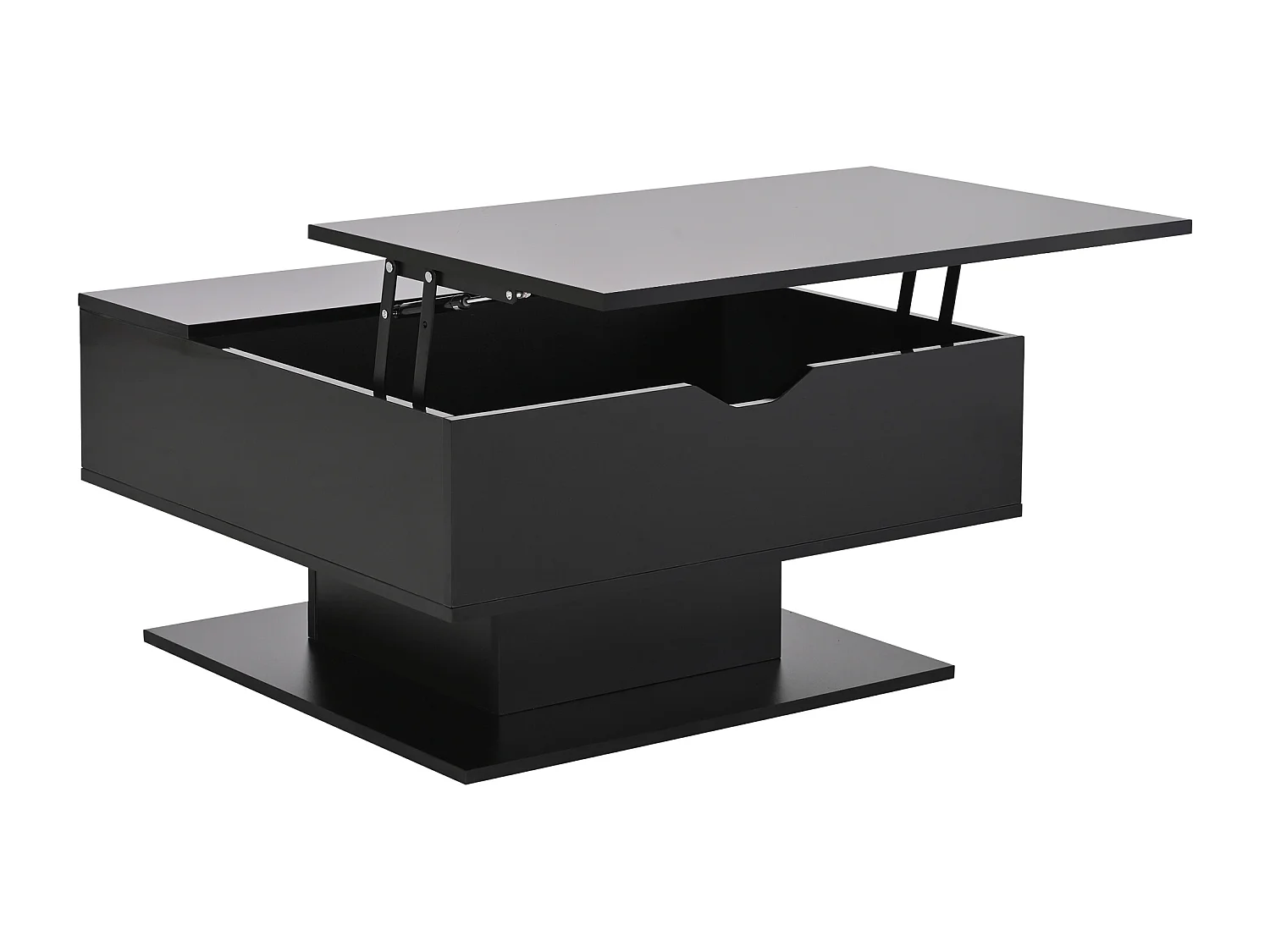 Table basse relevable 80x77x40 cm - Design haute brillance - Avec éclairage LED - Rangement semi-ouvert - Noir