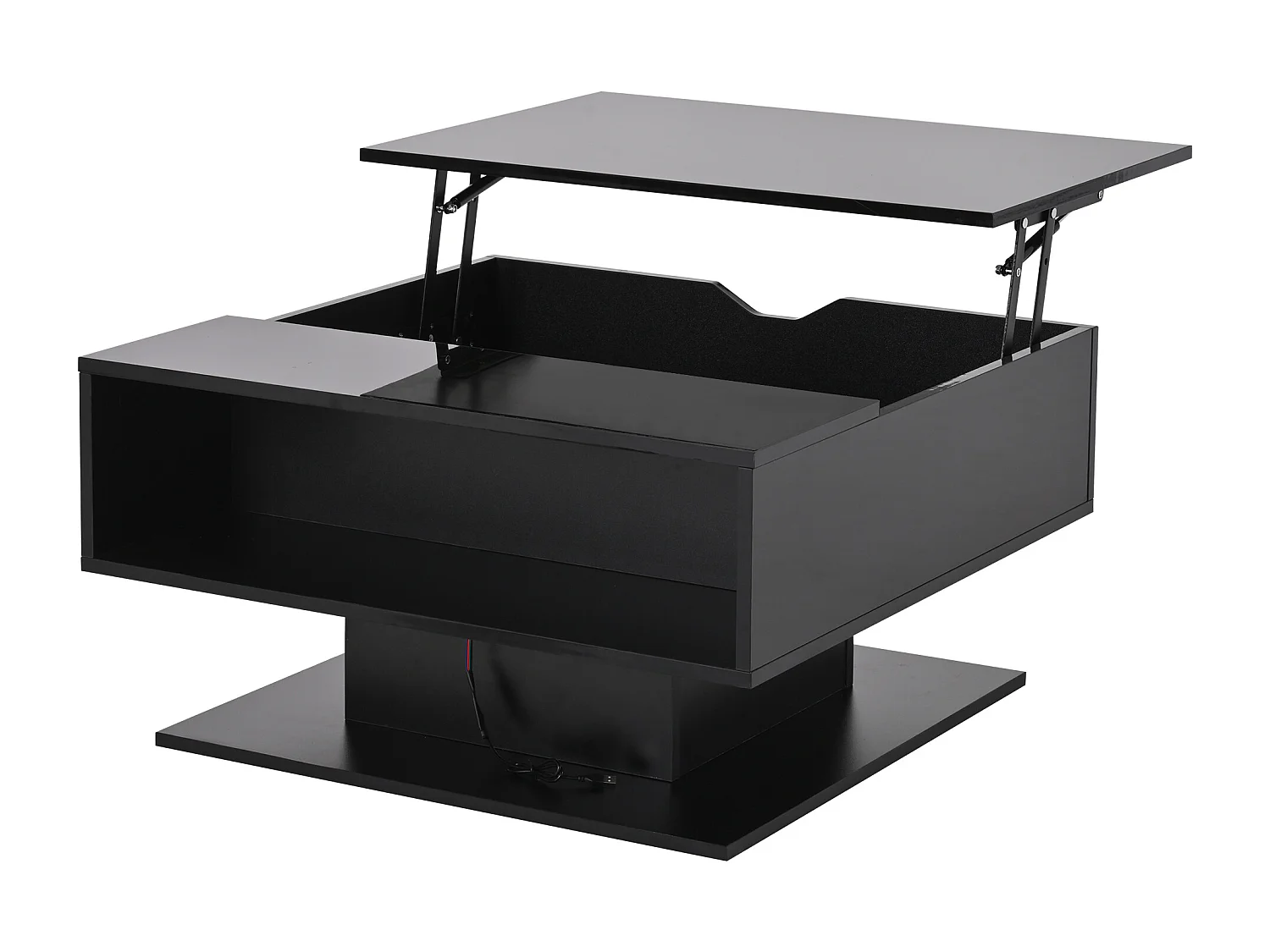 Table basse relevable 80x77x40 cm - Design haute brillance - Avec éclairage LED - Rangement semi-ouvert - Noir