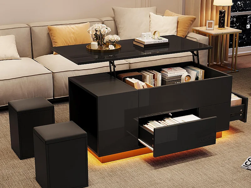 Table basse relevable 100x50x45 cm - avec éclairage LED - finition brillante - avec 2 tiroirs et 2 tabourets - Noir
