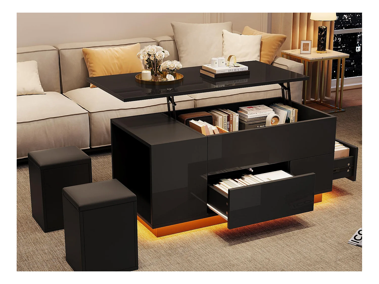 Table basse relevable 100x50x45 cm - avec éclairage LED - finition brillante - avec 2 tiroirs et 2 tabourets - Noir