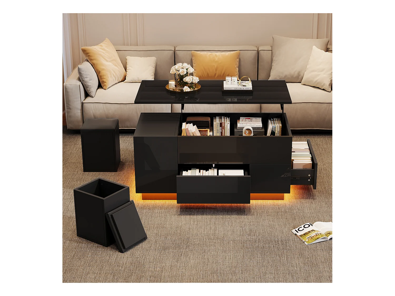 Table basse relevable 100x50x45 cm - avec éclairage LED - finition brillante - avec 2 tiroirs et 2 tabourets - Noir