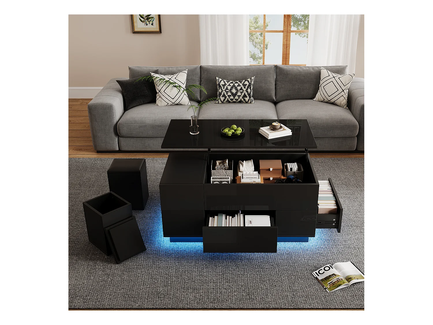 Table basse relevable 100x50x45 cm - avec éclairage LED - finition brillante - avec 2 tiroirs et 2 tabourets - Noir