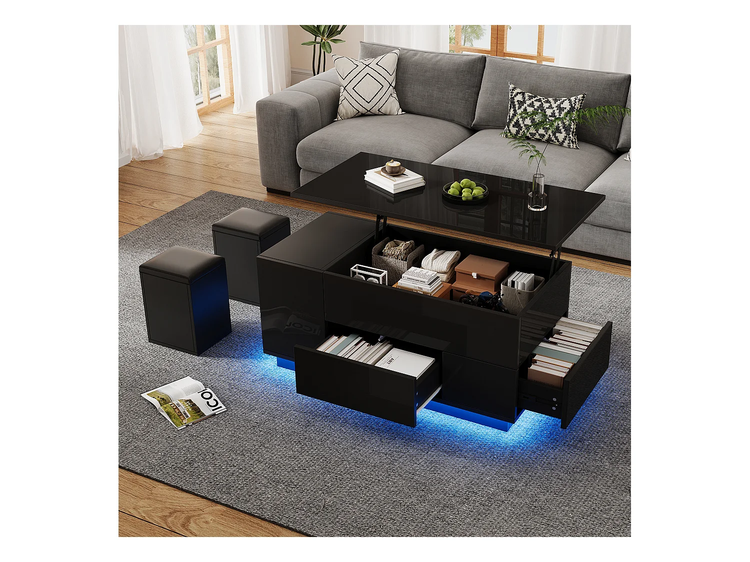 Table basse relevable 100x50x45 cm - avec éclairage LED - finition brillante - avec 2 tiroirs et 2 tabourets - Noir