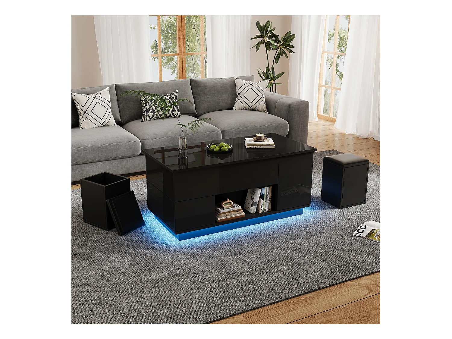 Table basse relevable 100x50x45 cm - avec éclairage LED - finition brillante - avec 2 tiroirs et 2 tabourets - Noir