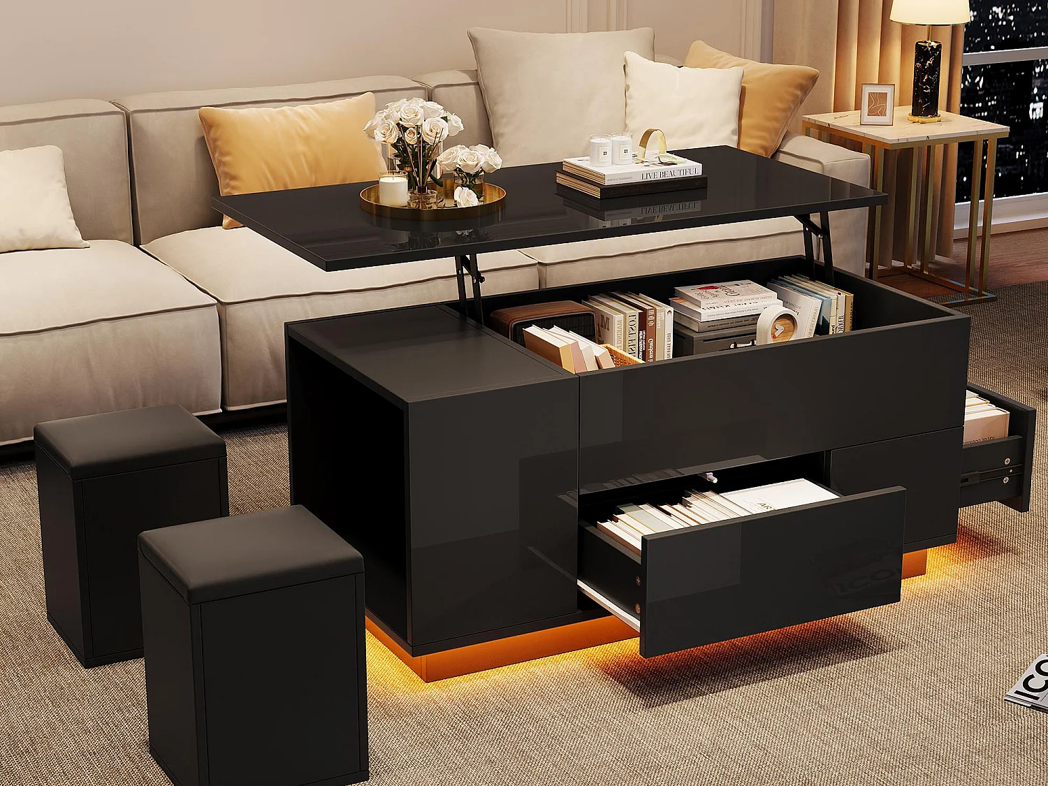 Table basse relevable 100x50x45 cm - avec éclairage LED - finition brillante - avec 2 tiroirs et 2 tabourets - Noir