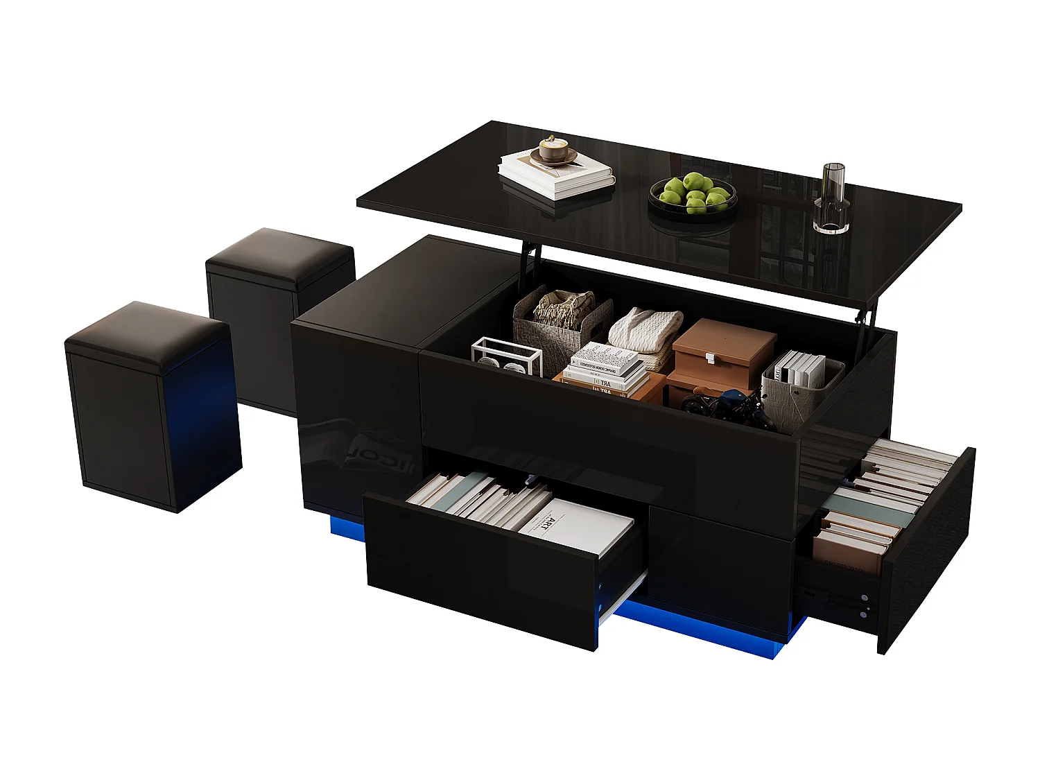 Table basse relevable 100x50x45 cm - avec éclairage LED - finition brillante - avec 2 tiroirs et 2 tabourets - Noir