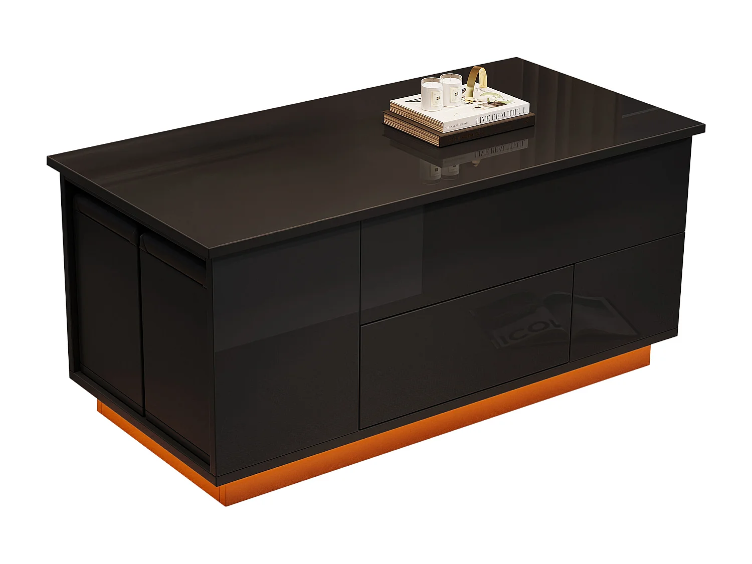 Table basse relevable 100x50x45 cm - avec éclairage LED - finition brillante - avec 2 tiroirs et 2 tabourets - Noir