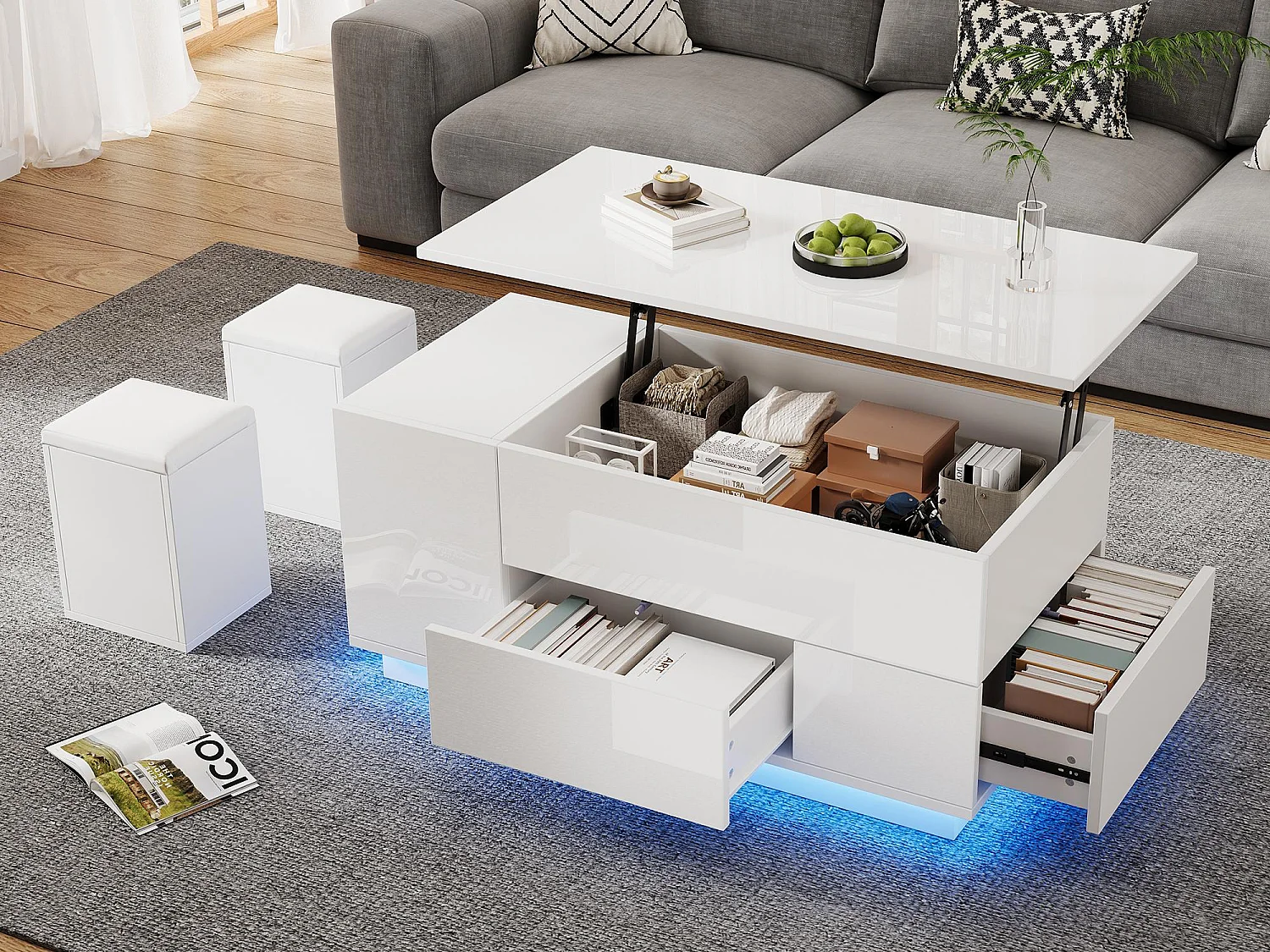 Table basse relevable 100x50x45 cm - avec éclairage LED - finition brillante - avec 2 tiroirs et 2 tabourets - Blanc