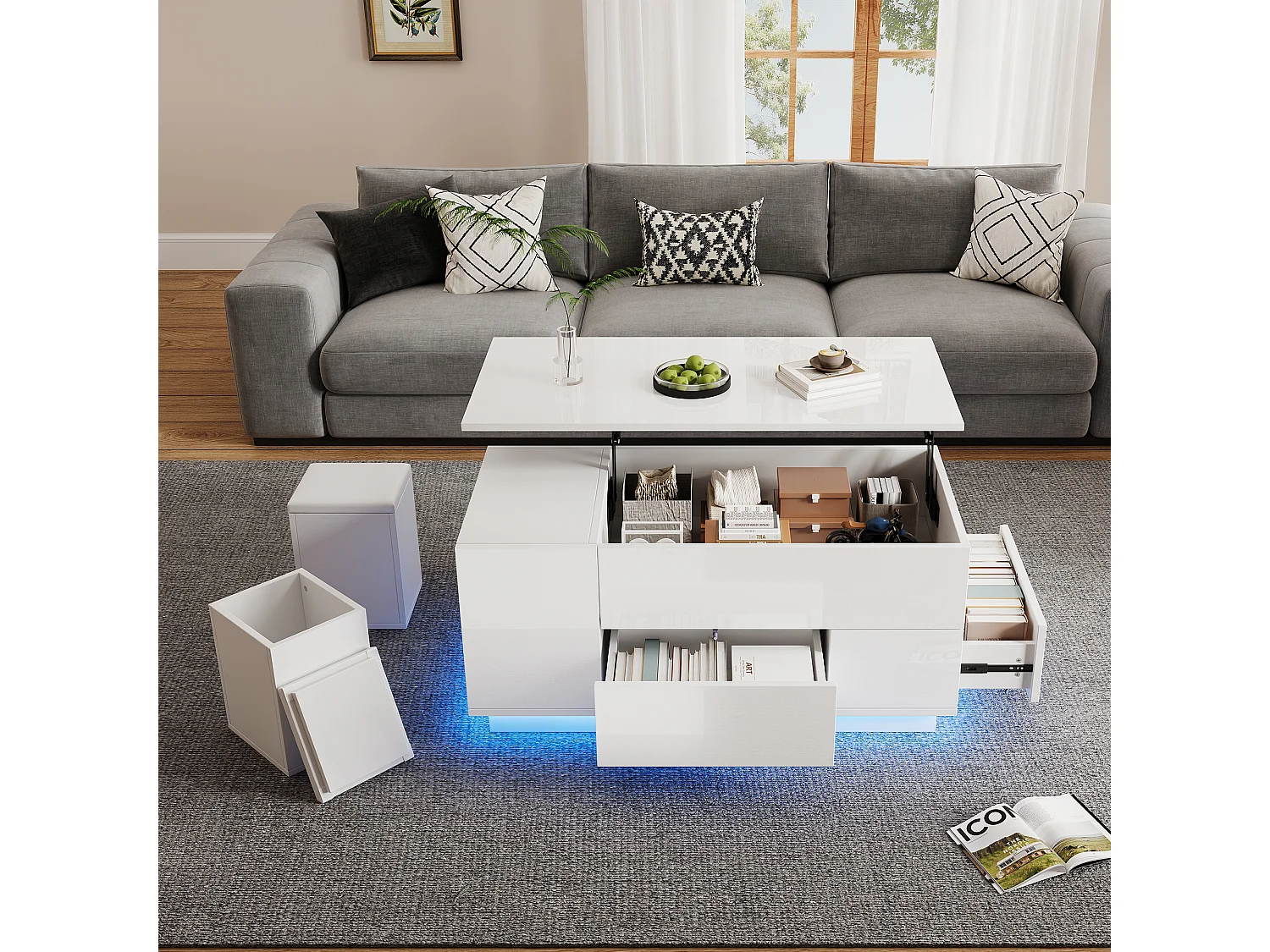 Table basse relevable 100x50x45 cm - avec éclairage LED - finition brillante - avec 2 tiroirs et 2 tabourets - Blanc