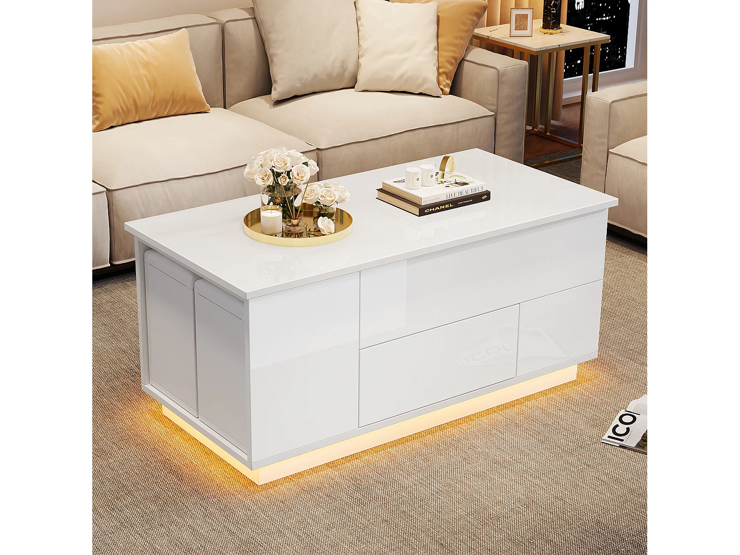 Table basse relevable 100x50x45 cm - avec éclairage LED - finition brillante - avec 2 tiroirs et 2 tabourets - Blanc