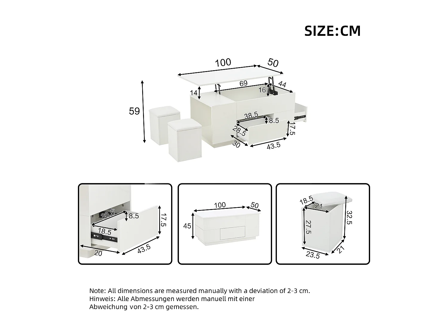 Table basse relevable 100x50x45 cm - avec éclairage LED - finition brillante - avec 2 tiroirs et 2 tabourets - Blanc