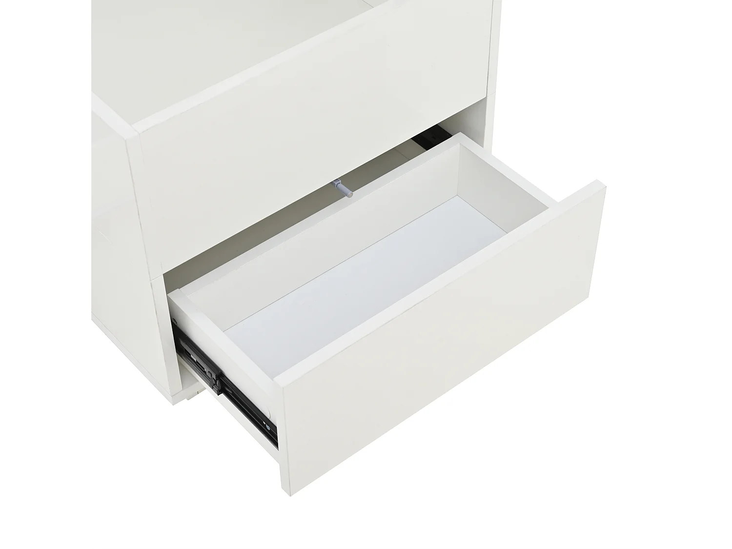 Table basse relevable 100x50x45 cm - avec éclairage LED - finition brillante - avec 2 tiroirs et 2 tabourets - Blanc