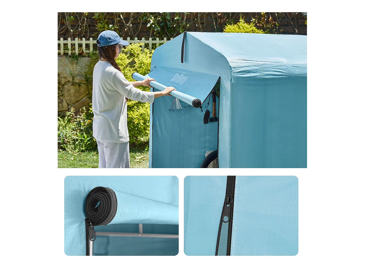 SoBuy Gartenhaus Outdoor-Zelt wasserdicht mit Haken Garage für Fahrräder und Werkzeug Stauraum hellblau 159x219x165 cm