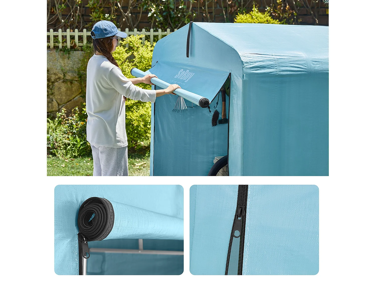 SoBuy abri de jardin imperméable avec crochets bleu clair 159x219x165 cm