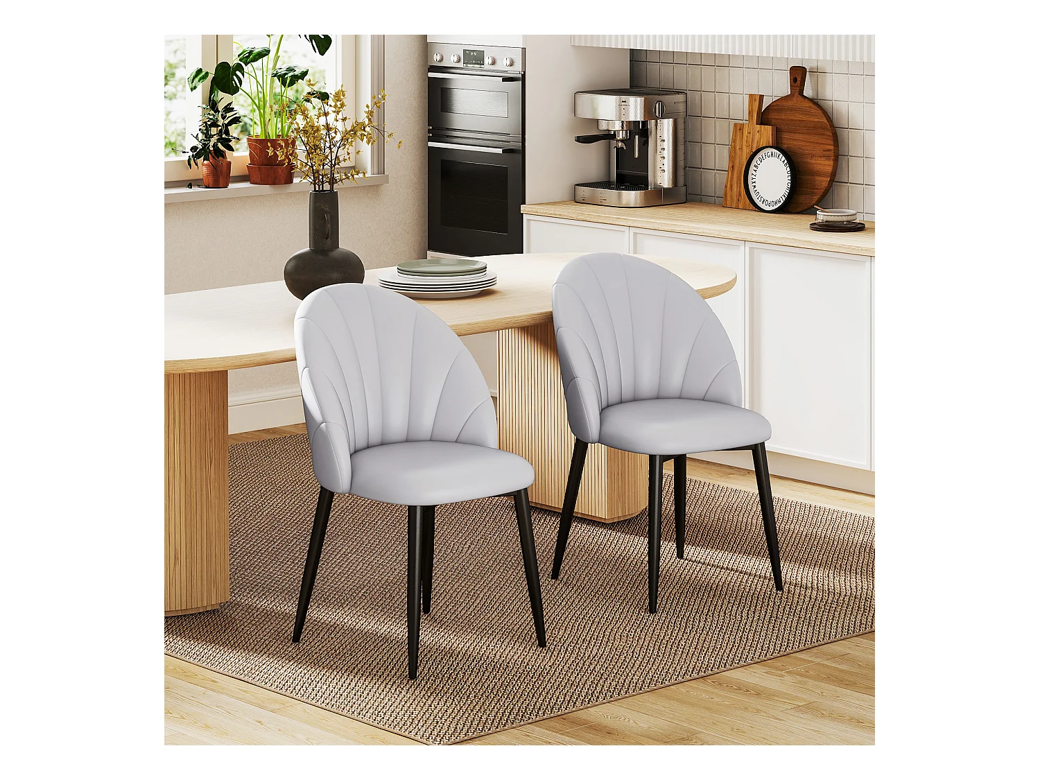 Set 2 sedie da pranzo schienale a conchiglia in pelle pu grigio chiaro