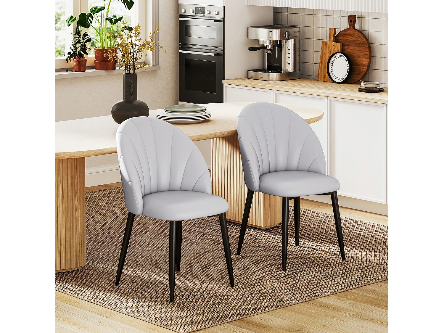 Set 2 sedie da pranzo schienale a conchiglia in pelle pu grigio chiaro