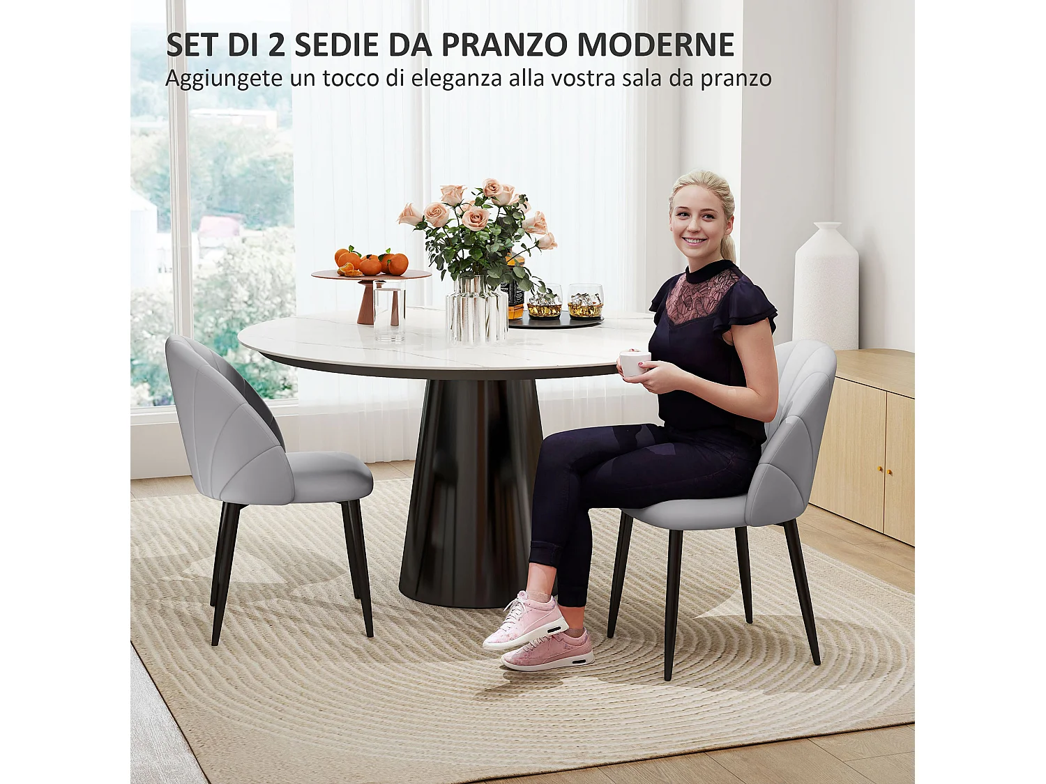 Set 2 sedie da pranzo schienale a conchiglia in pelle pu grigio chiaro