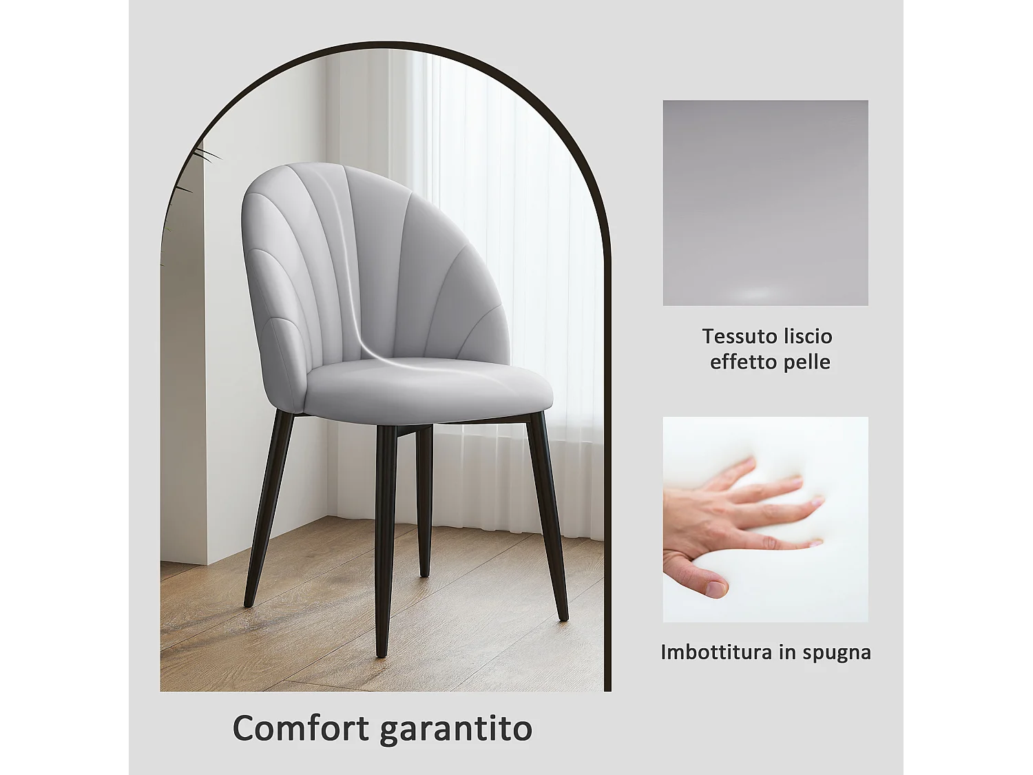 Set 2 sedie da pranzo schienale a conchiglia in pelle pu grigio chiaro