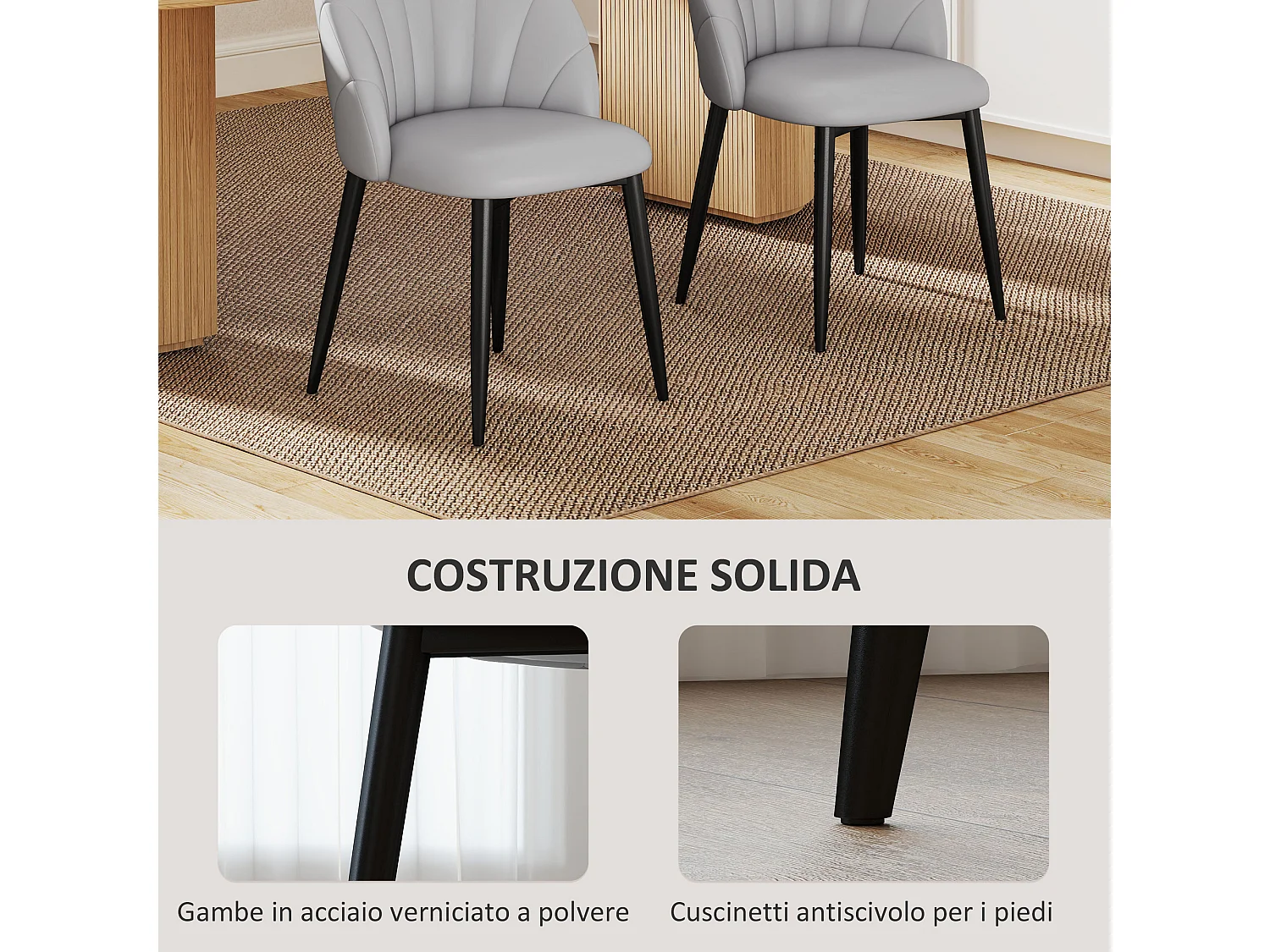 Set 2 sedie da pranzo schienale a conchiglia in pelle pu grigio chiaro