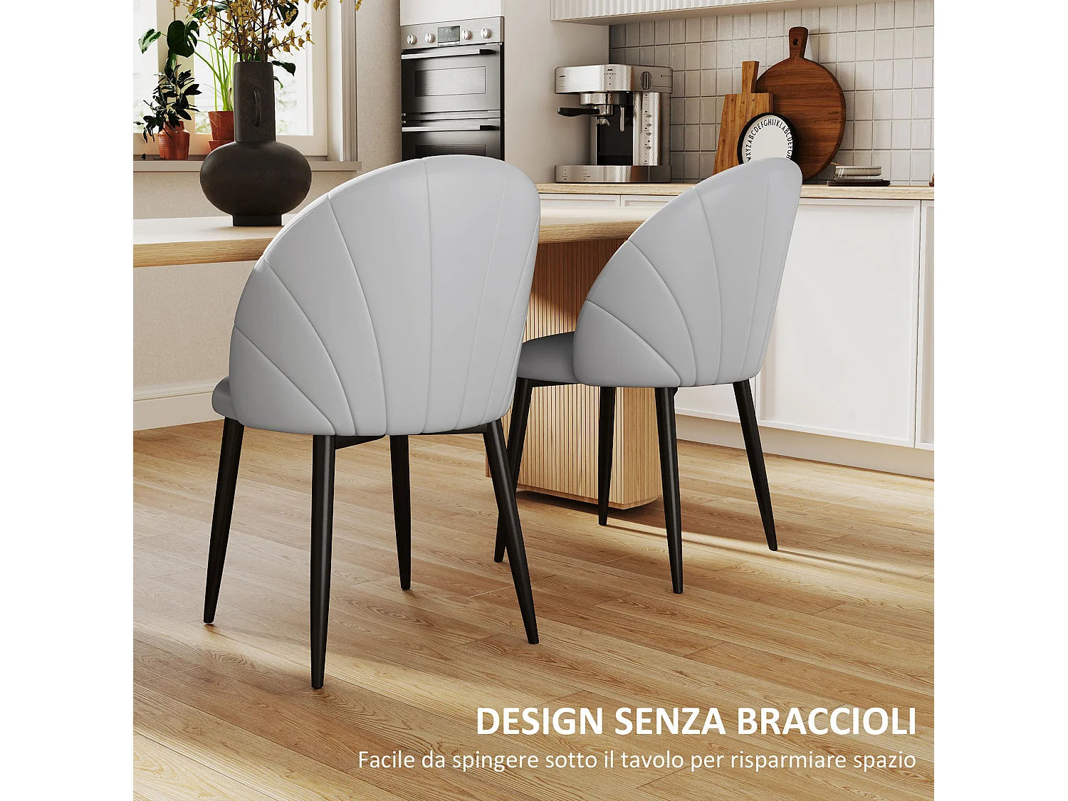 Set 2 sedie da pranzo schienale a conchiglia in pelle pu grigio chiaro